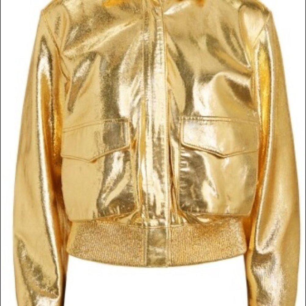 Ralph Lauren Gold Metallic Genuine Leather Bomber Jacket Women's Size P-Large - Picture 2 of 11